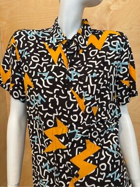 Black Short-Sleeve Button Shirt with Yellow & Lightning Graphic Print